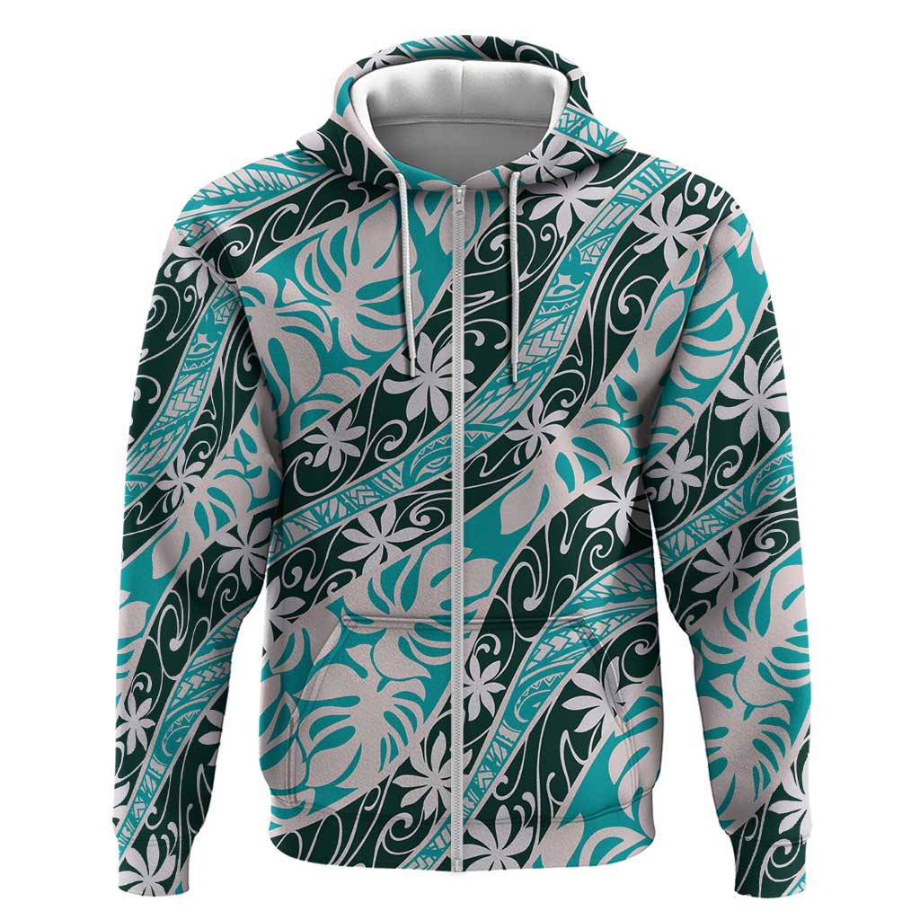Cyan Tahiti Tiare Monstera Zip Hoodie Polynesian Pattern Curve Style LT01 Zip Hoodie Cyan - Polynesian Pride