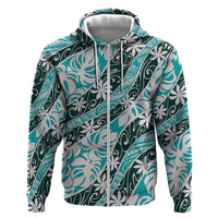 Cyan Tahiti Tiare Monstera Zip Hoodie Polynesian Pattern Curve Style LT01 Zip Hoodie Cyan - Polynesian Pride