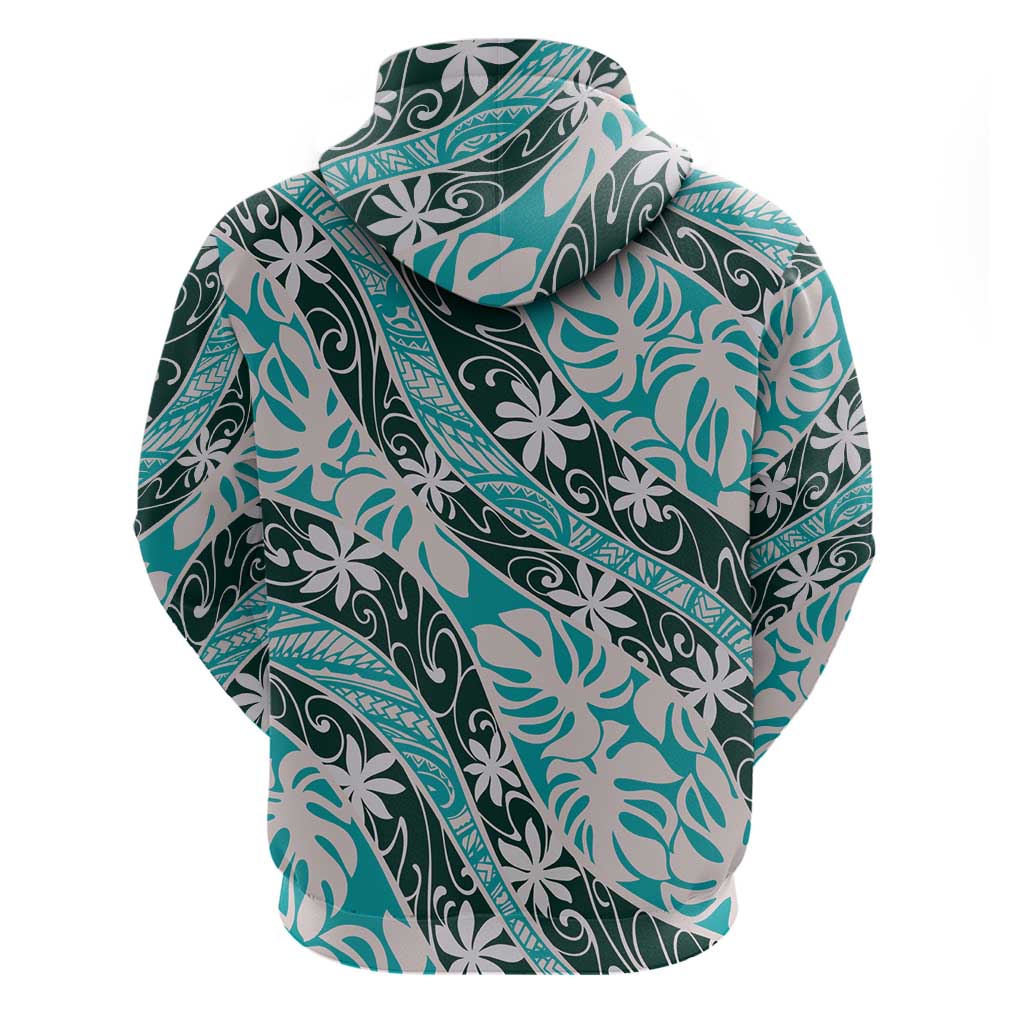 Cyan Tahiti Tiare Monstera Zip Hoodie Polynesian Pattern Curve Style LT01 - Polynesian Pride