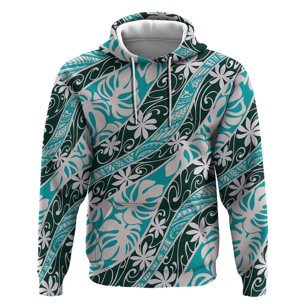 Cyan Tahiti Tiare Monstera Zip Hoodie Polynesian Pattern Curve Style LT01 Pullover Hoodie Cyan - Polynesian Pride
