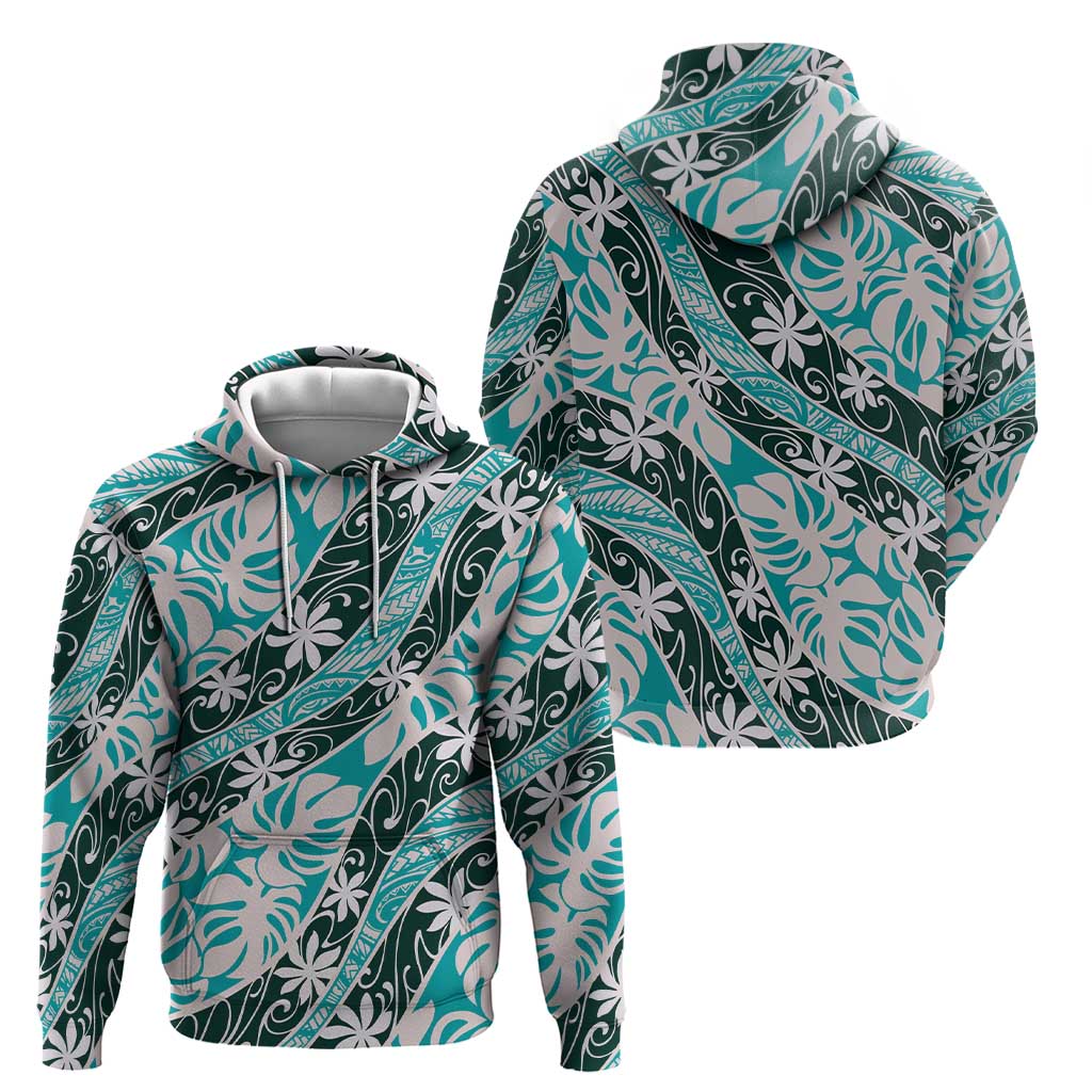 Cyan Tahiti Tiare Monstera Zip Hoodie Polynesian Pattern Curve Style LT01 - Polynesian Pride