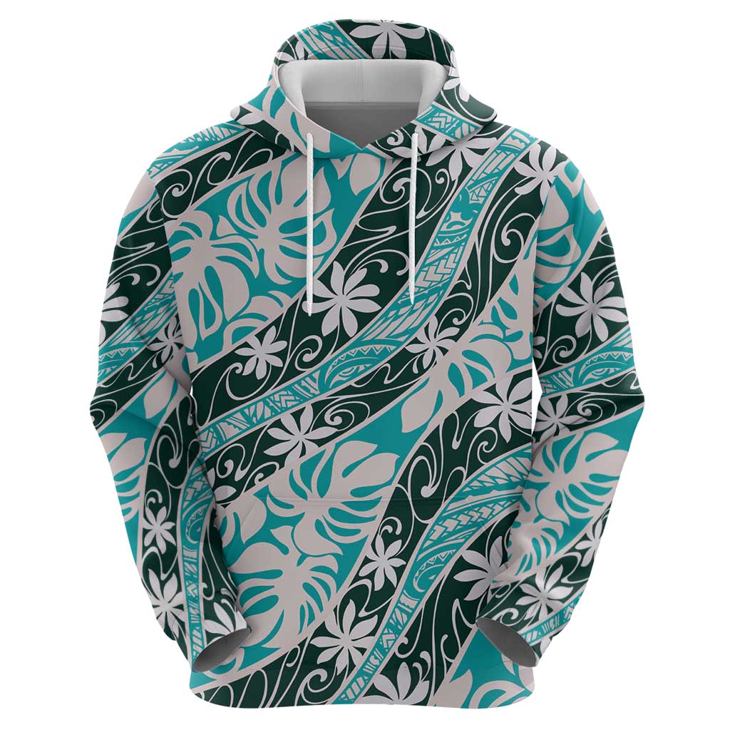 Cyan Tahiti Tiare Monstera Zip Hoodie Polynesian Pattern Curve Style LT01 - Polynesian Pride