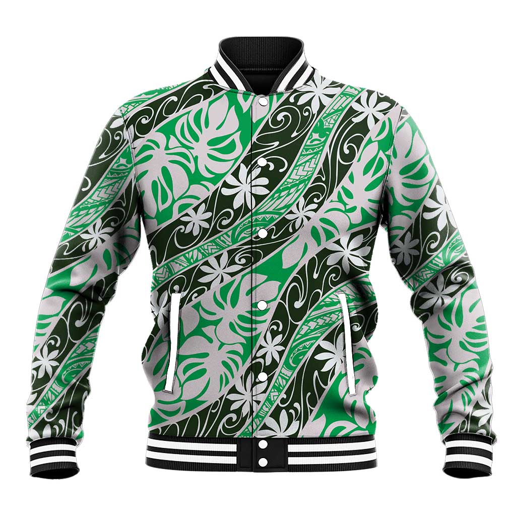 Matie Tahiti Tiare Monstera Baseball Jacket Polynesian Pattern Curve Style LT01 Unisex Green - Polynesian Pride