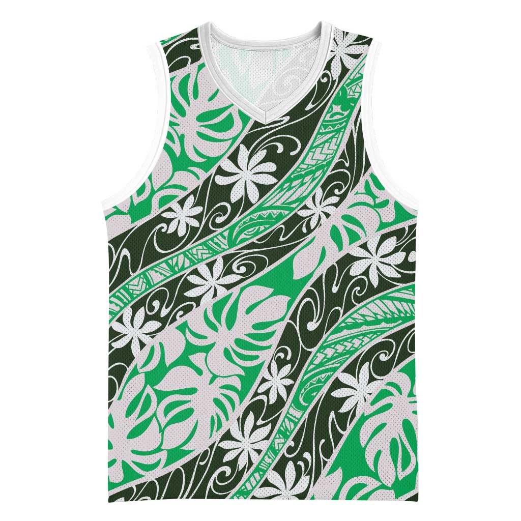 Matie Tahiti Tiare Monstera Basketball Jersey Polynesian Pattern Curve Style LT01 Unisex Green - Polynesian Pride