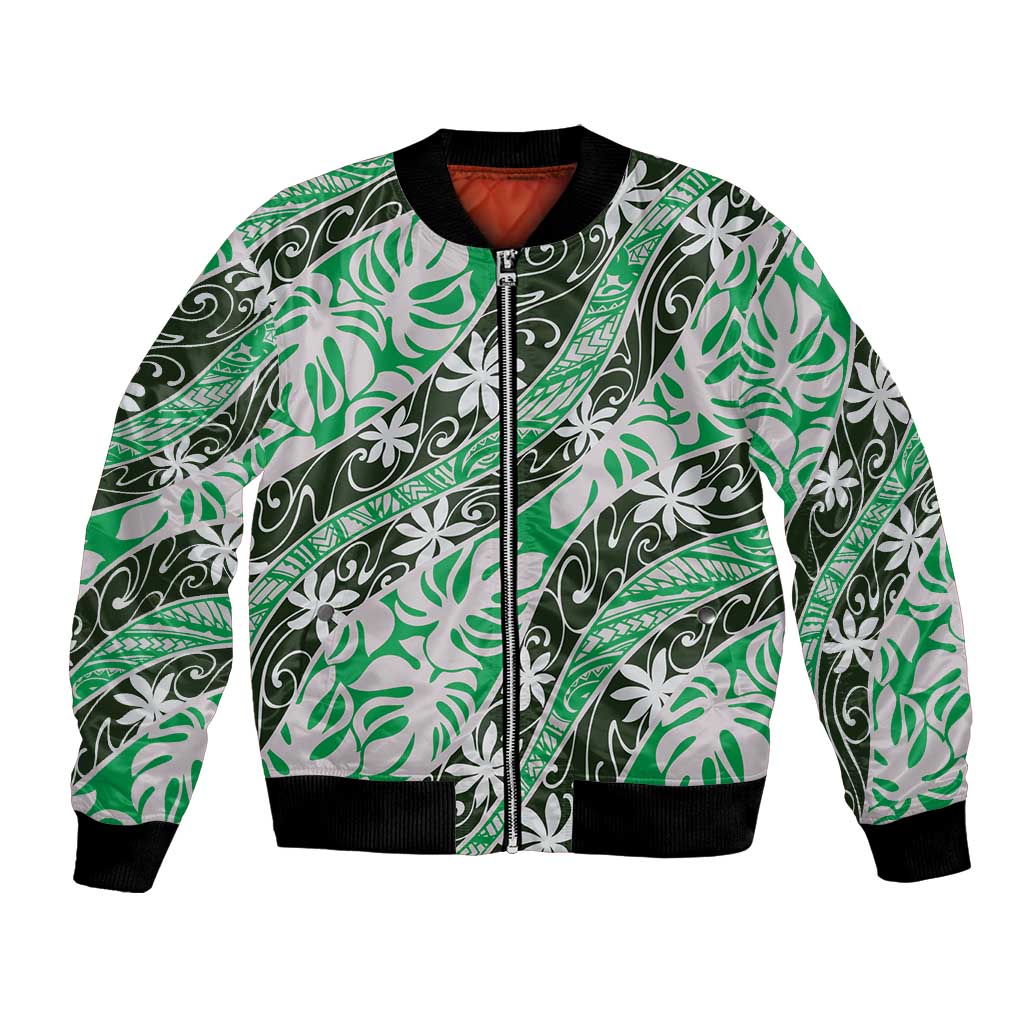 Matie Tahiti Tiare Monstera Bomber Jacket Polynesian Pattern Curve Style LT01 Unisex Green - Polynesian Pride