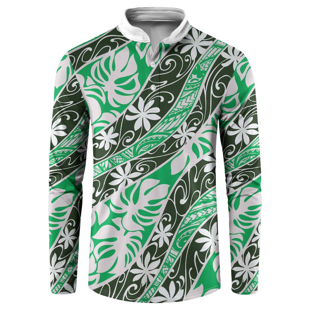 Matie Tahiti Tiare Monstera Button Sweatshirt Polynesian Pattern Curve Style LT01 Green - Polynesian Pride