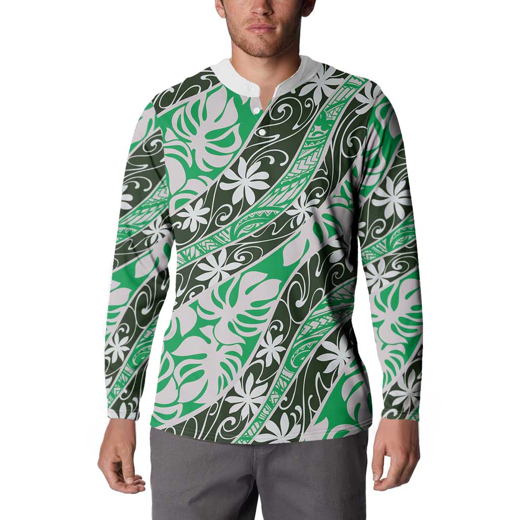 Matie Tahiti Tiare Monstera Button Sweatshirt Polynesian Pattern Curve Style LT01 - Polynesian Pride