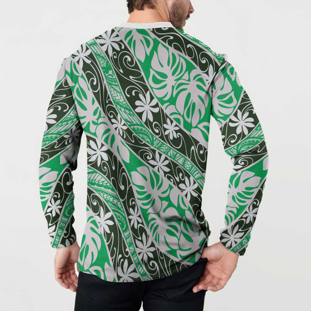 Matie Tahiti Tiare Monstera Button Sweatshirt Polynesian Pattern Curve Style LT01 - Polynesian Pride