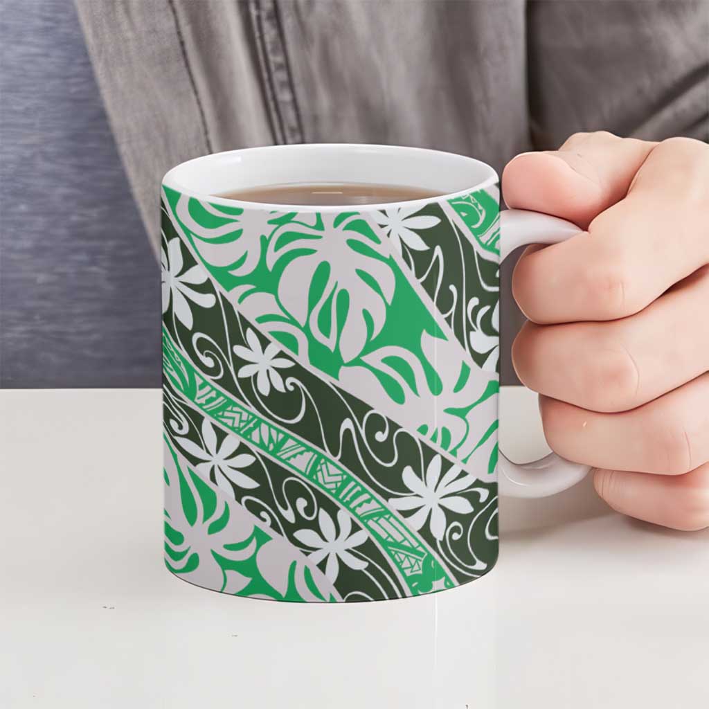 Matie Tahiti Tiare Monstera Ceramic Mug Polynesian Pattern Curve Style - Polynesian Pride