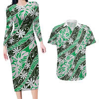 Matie Tahiti Tiare Monstera Couples Matching Long Sleeve Bodycon Dress and Hawaiian Shirt Polynesian Pattern Curve Style - Polynesian Pride
