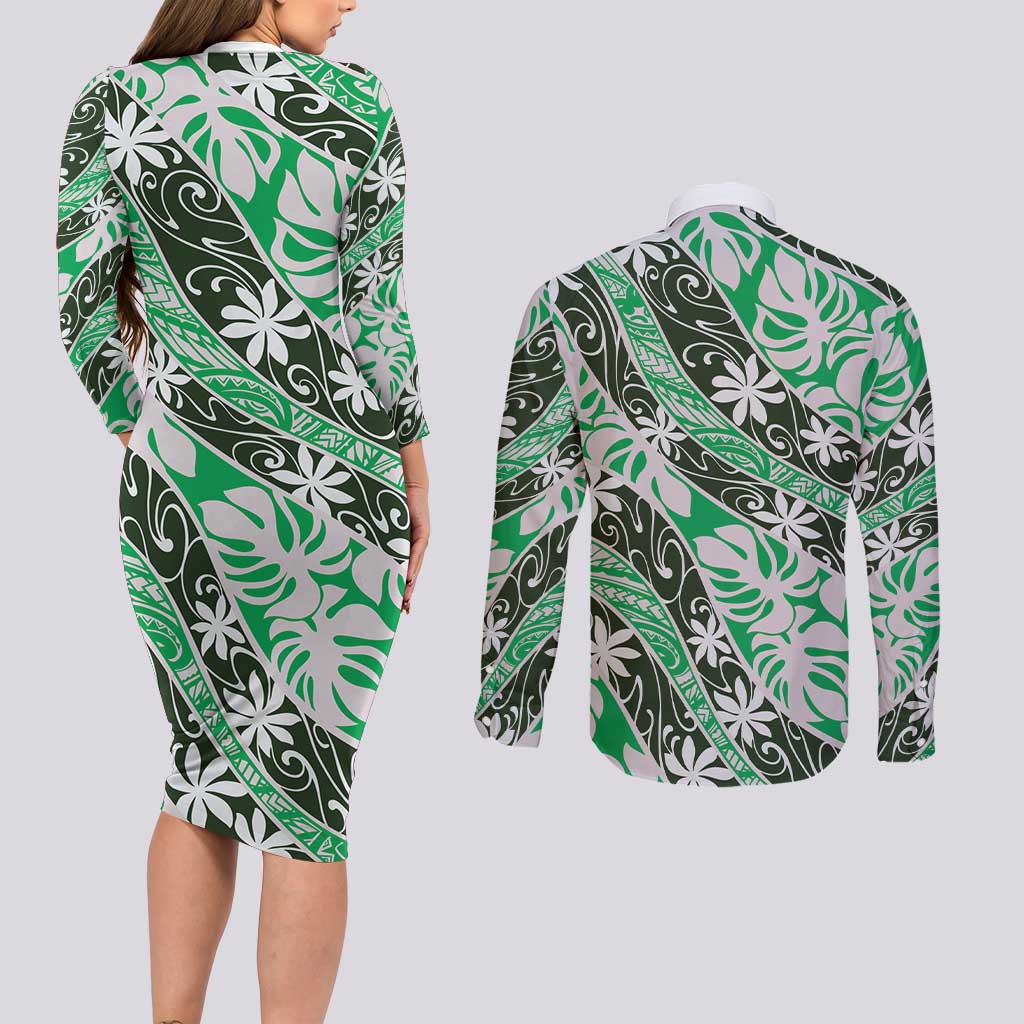 Matie Tahiti Tiare Monstera Couples Matching Long Sleeve Bodycon Dress and Long Sleeve Button Shirt Polynesian Pattern Curve Style LT01 - Polynesian Pride