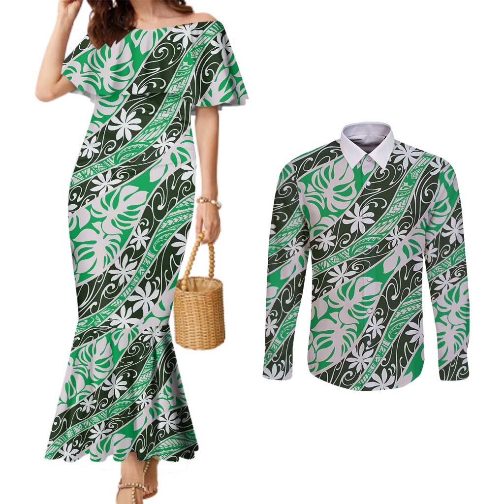 Matie Tahiti Tiare Monstera Couples Matching Mermaid Dress and Long Sleeve Button Shirt Polynesian Pattern Curve Style LT01 Green - Polynesian Pride