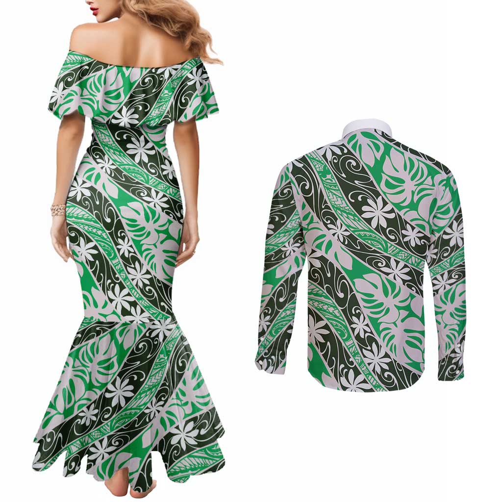 Matie Tahiti Tiare Monstera Couples Matching Mermaid Dress and Long Sleeve Button Shirt Polynesian Pattern Curve Style LT01 - Polynesian Pride
