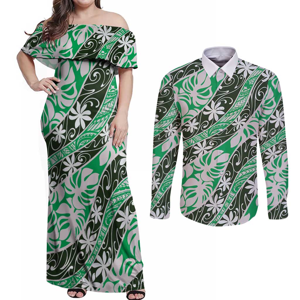 Matie Tahiti Tiare Monstera Couples Matching Off Shoulder Maxi Dress and Long Sleeve Button Shirt Polynesian Pattern Curve Style LT01 Green - Polynesian Pride
