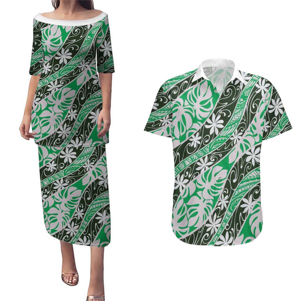 Matie Tahiti Tiare Monstera Couples Matching Puletasi and Hawaiian Shirt Polynesian Pattern Curve Style - Polynesian Pride