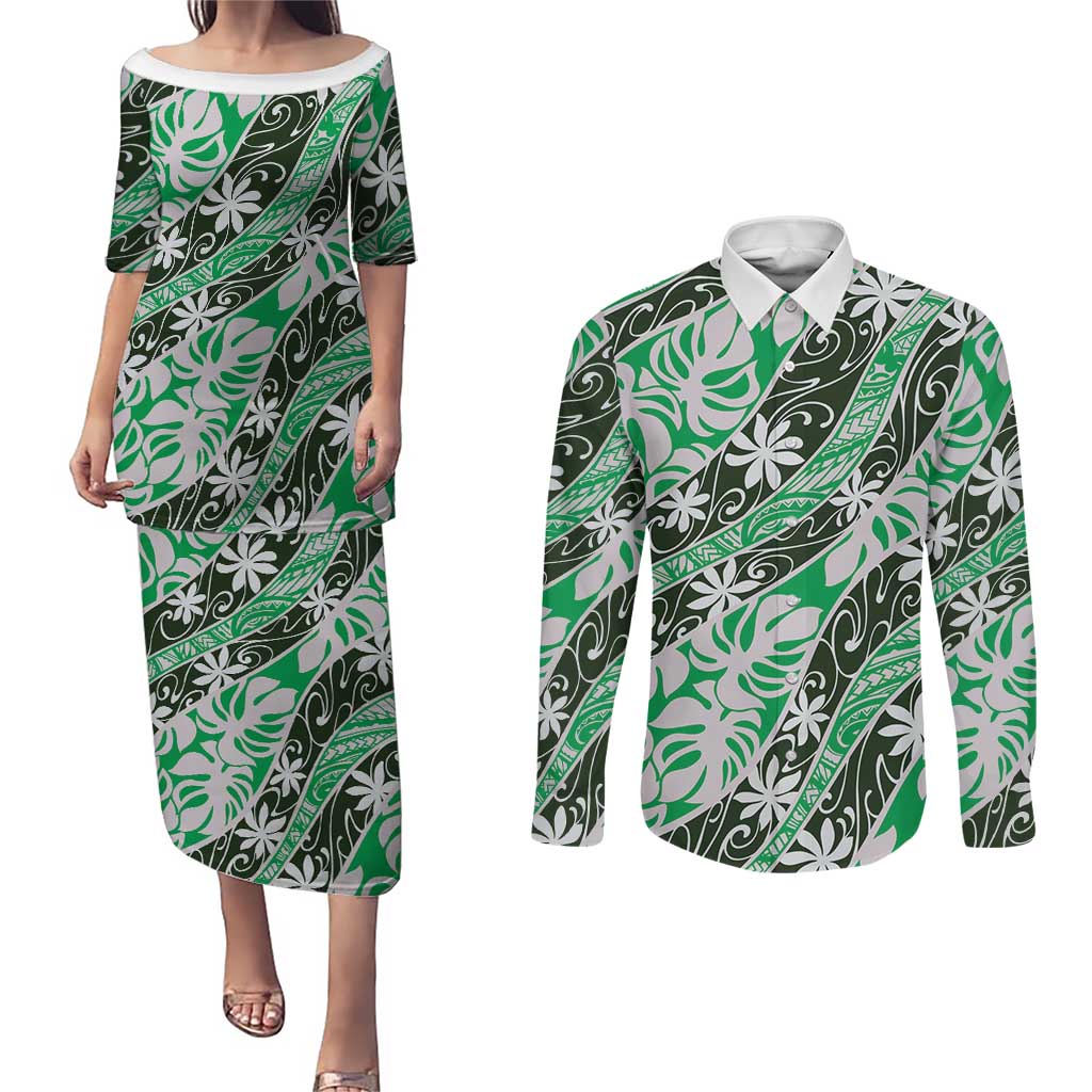 Matie Tahiti Tiare Monstera Couples Matching Puletasi and Long Sleeve Button Shirt Polynesian Pattern Curve Style LT01 Green - Polynesian Pride