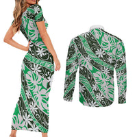 Matie Tahiti Tiare Monstera Couples Matching Short Sleeve Bodycon Dress and Long Sleeve Button Shirt Polynesian Pattern Curve Style LT01 - Polynesian Pride
