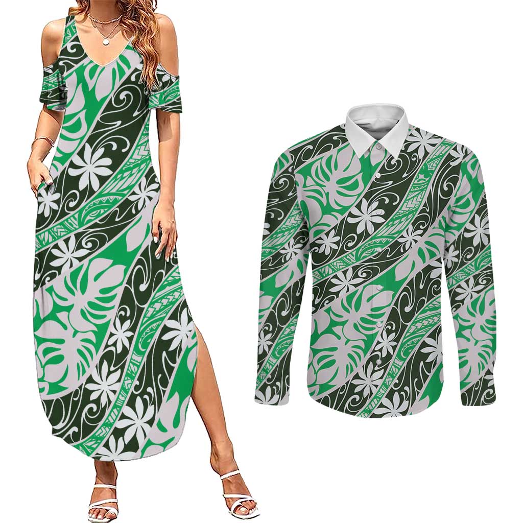 Matie Tahiti Tiare Monstera Couples Matching Summer Maxi Dress and Long Sleeve Button Shirt Polynesian Pattern Curve Style LT01 Green - Polynesian Pride