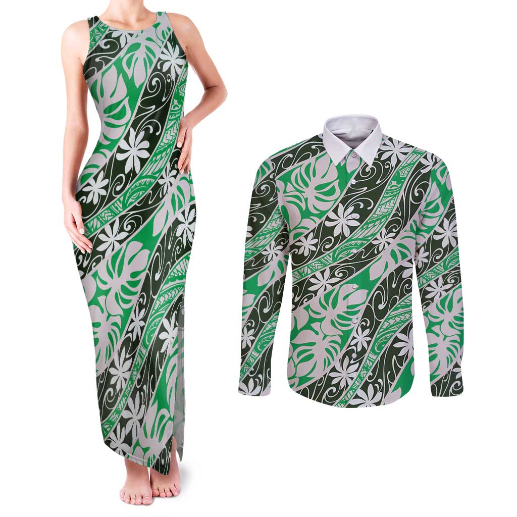 Matie Tahiti Tiare Monstera Couples Matching Tank Maxi Dress and Long Sleeve Button Shirt Polynesian Pattern Curve Style LT01 Green - Polynesian Pride