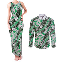 Matie Tahiti Tiare Monstera Couples Matching Tank Maxi Dress and Long Sleeve Button Shirt Polynesian Pattern Curve Style LT01 Green - Polynesian Pride