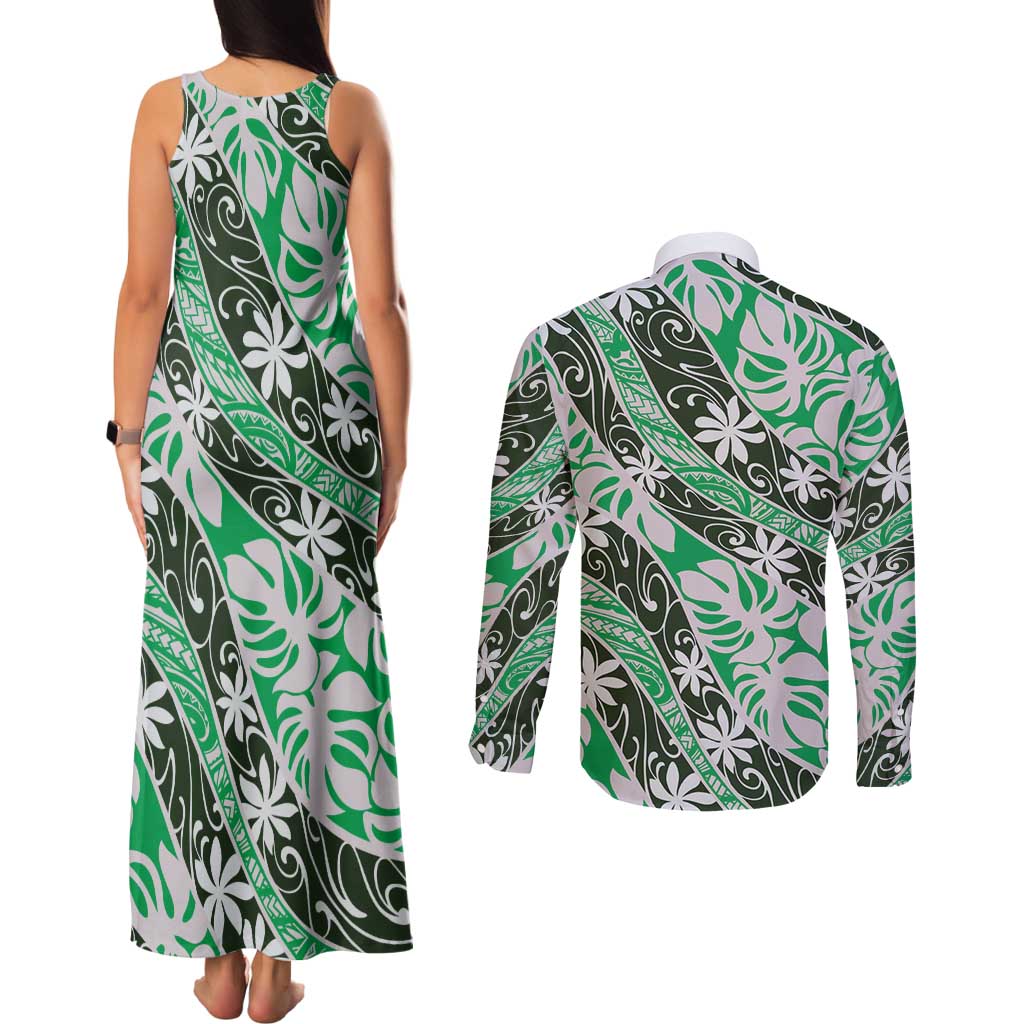 Matie Tahiti Tiare Monstera Couples Matching Tank Maxi Dress and Long Sleeve Button Shirt Polynesian Pattern Curve Style LT01 - Polynesian Pride