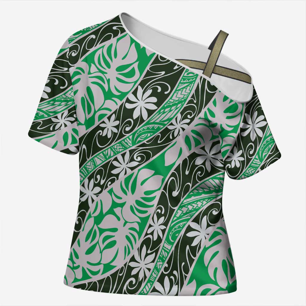 Matie Tahiti Tiare Monstera Cross Shoulder Shirt Polynesian Pattern Curve Style LT01 Female Green - Polynesian Pride