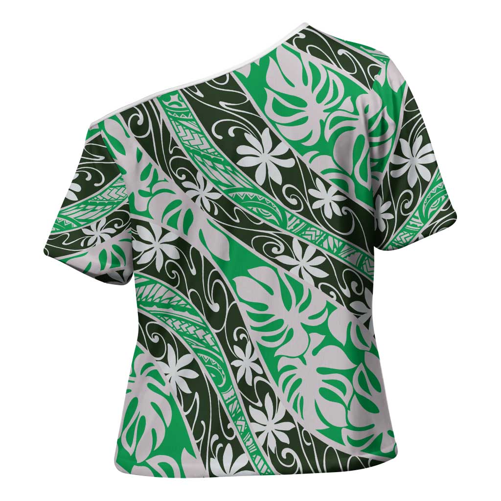 Matie Tahiti Tiare Monstera Cross Shoulder Shirt Polynesian Pattern Curve Style LT01 - Polynesian Pride