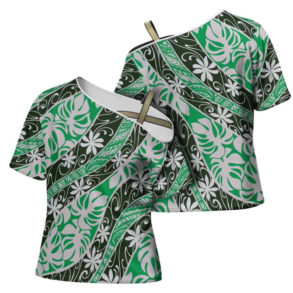 Matie Tahiti Tiare Monstera Cross Shoulder Shirt Polynesian Pattern Curve Style LT01 - Polynesian Pride