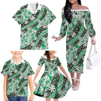 Matie Tahiti Tiare Monstera Family Matching Off The Shoulder Long Sleeve Dress and Hawaiian Shirt Polynesian Pattern Curve Style - Polynesian Pride