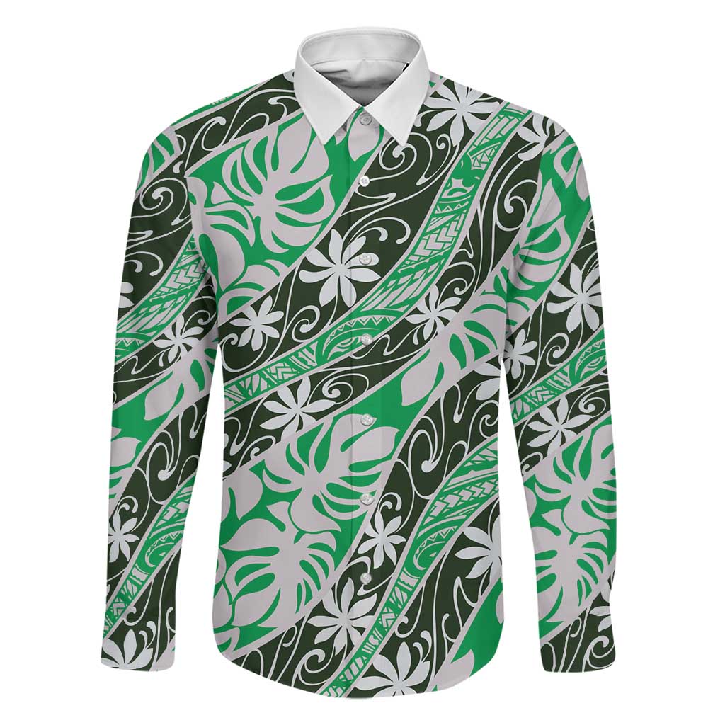 Matie Tahiti Tiare Monstera Family Matching Puletasi and Hawaiian Shirt Polynesian Pattern Curve Style LT01 Dad's Shirt - Long Sleeve Green - Polynesian Pride