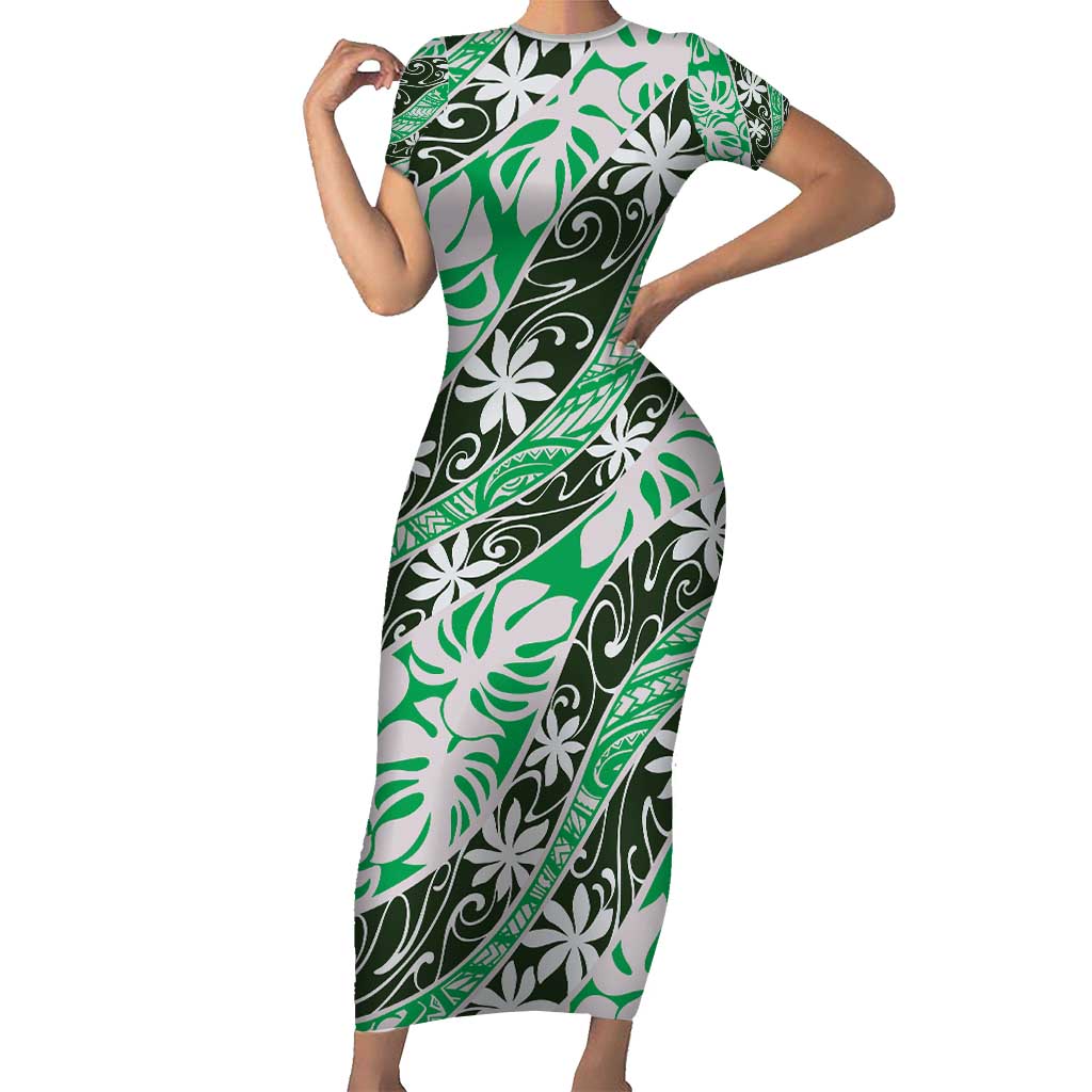 Matie Tahiti Tiare Monstera Family Matching Short Sleeve Bodycon Dress and Hawaiian Shirt Polynesian Pattern Curve Style - Polynesian Pride