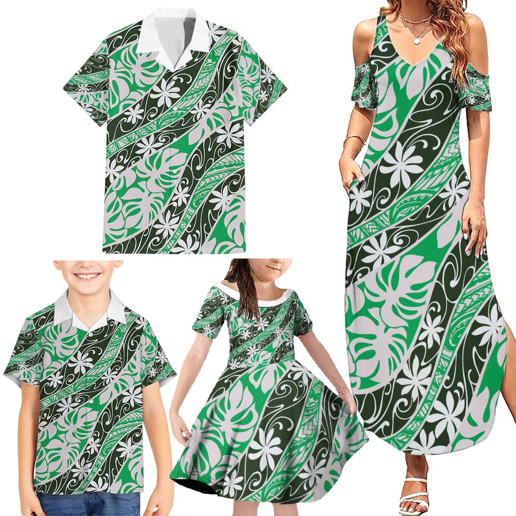 Matie Tahiti Tiare Monstera Family Matching Summer Maxi Dress and Hawaiian Shirt Polynesian Pattern Curve Style - Polynesian Pride