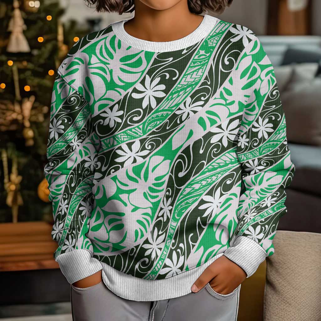 Matie Tahiti Tiare Monstera Kid Ugly Christmas Sweater Polynesian Pattern Curve Style - Polynesian Pride