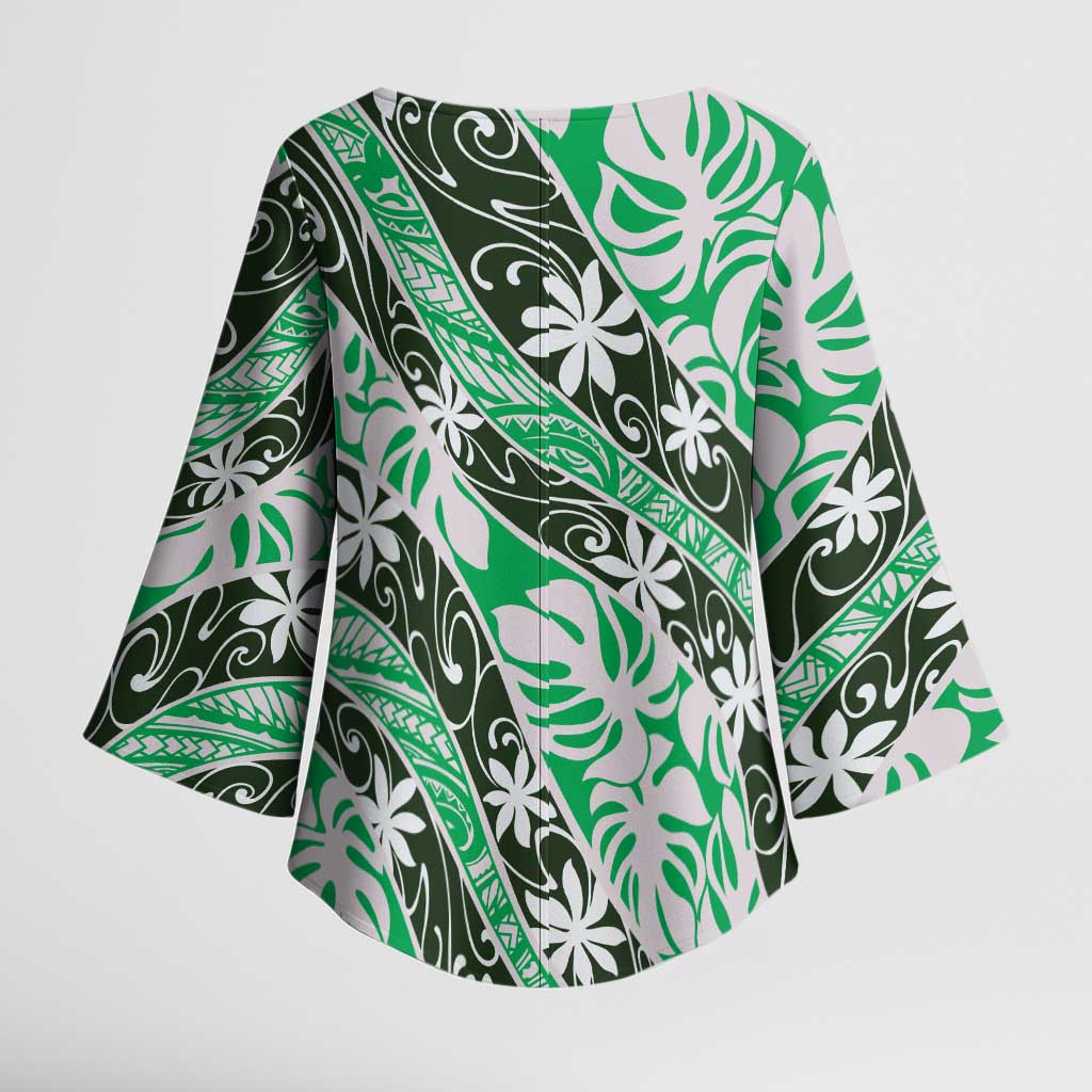 Matie Tahiti Tiare Monstera Kimono Sleeve Blouse Polynesian Pattern Curve Style - Polynesian Pride