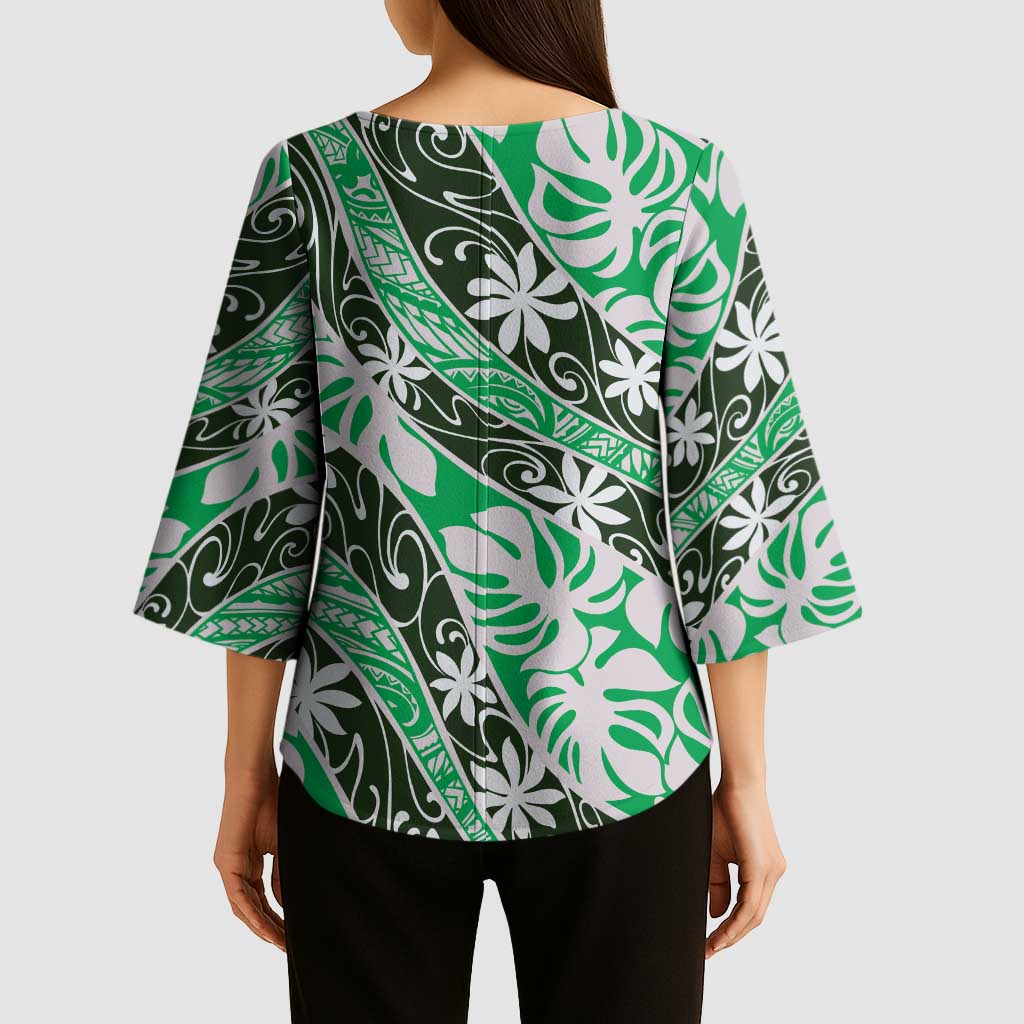 Matie Tahiti Tiare Monstera Kimono Sleeve Blouse Polynesian Pattern Curve Style - Polynesian Pride