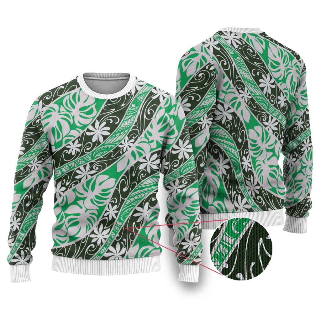 Matie Tahiti Tiare Monstera Ugly Christmas Sweater Polynesian Pattern Curve Style - Polynesian Pride