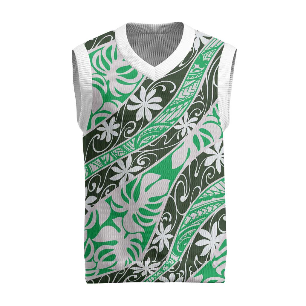 Matie Tahiti Tiare Monstera Christmas Knitted V-Neck Vest Polynesian Pattern Curve Style LT01 Green - Polynesian Pride