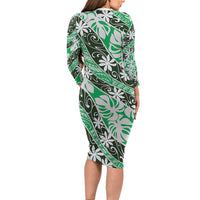 Matie Tahiti Tiare Monstera Long Sleeve Bodycon Dress Polynesian Pattern Curve Style - Polynesian Pride
