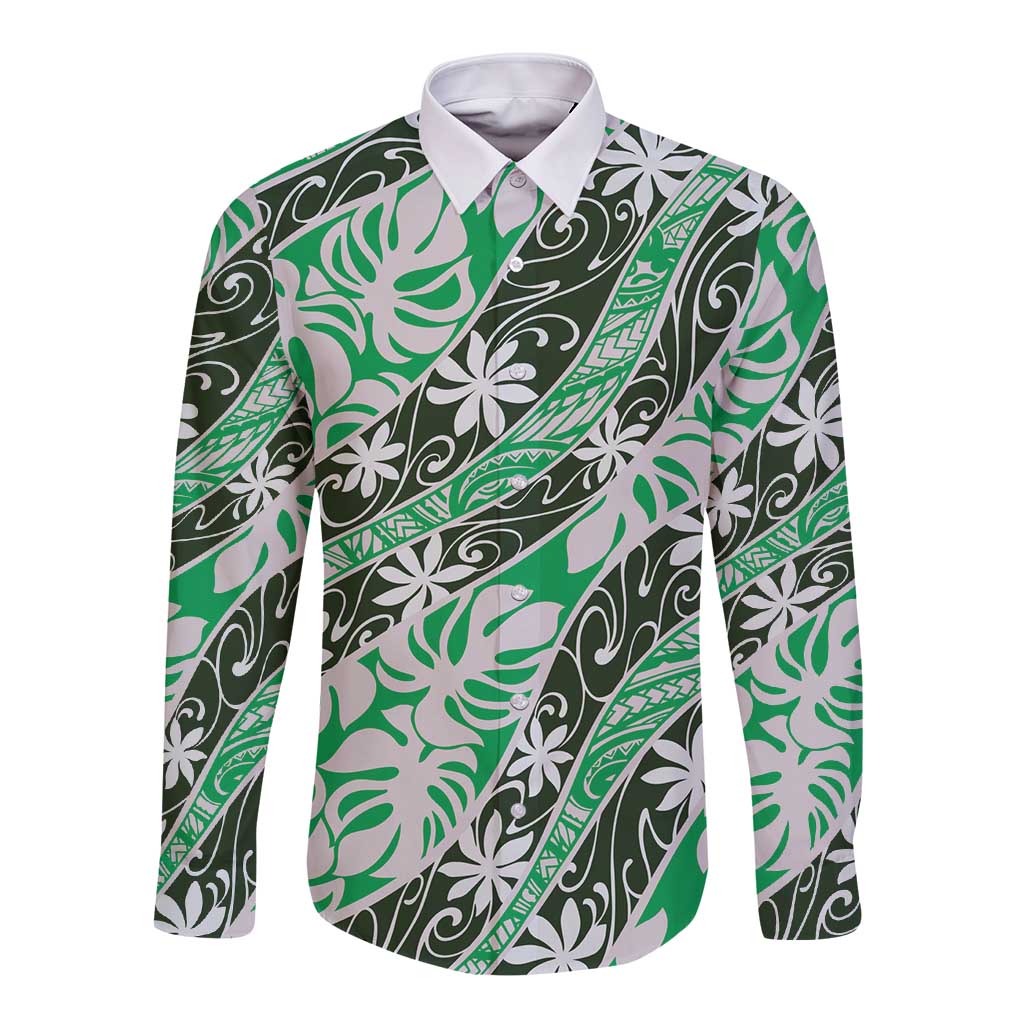 Matie Tahiti Tiare Monstera Long Sleeve Button Shirt Polynesian Pattern Curve Style LT01 Unisex Green - Polynesian Pride