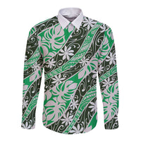 Matie Tahiti Tiare Monstera Long Sleeve Button Shirt Polynesian Pattern Curve Style LT01 Unisex Green - Polynesian Pride