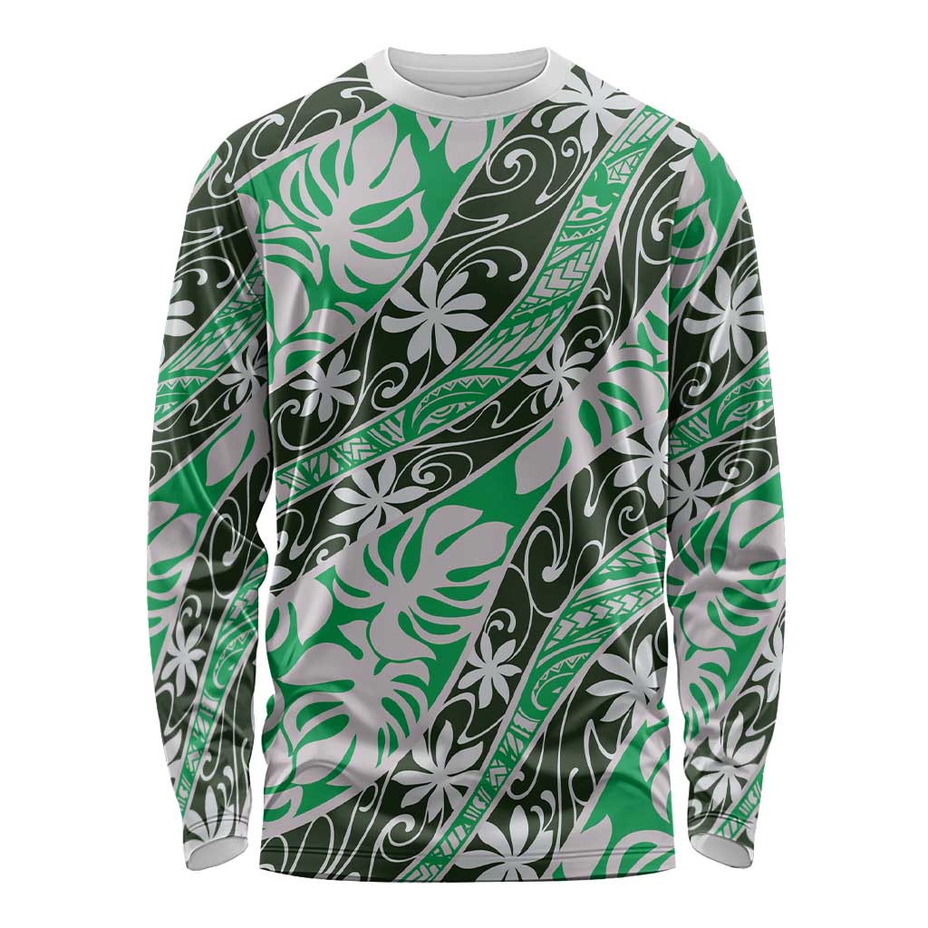 Matie Tahiti Tiare Monstera Long Sleeve Shirt Polynesian Pattern Curve Style LT01 Unisex Green - Polynesian Pride
