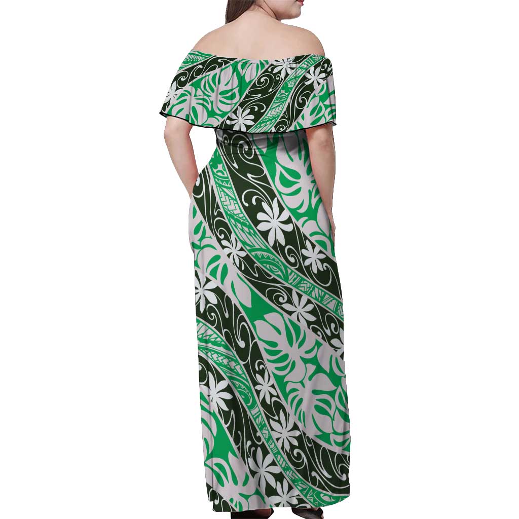 Matie Tahiti Tiare Monstera Off Shoulder Maxi Dress Polynesian Pattern Curve Style - Polynesian Pride
