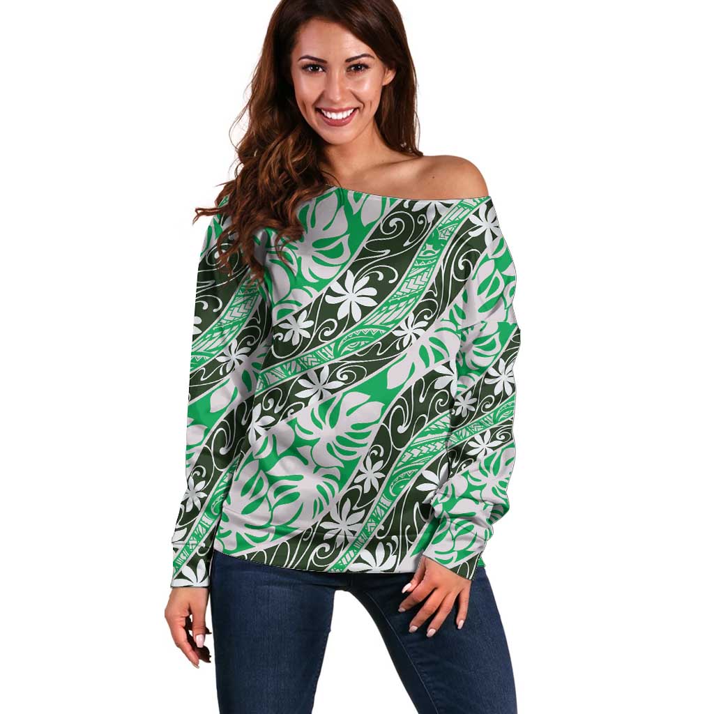 Matie Tahiti Tiare Monstera Off Shoulder Sweater Polynesian Pattern Curve Style LT01 Women Green - Polynesian Pride