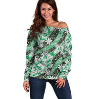 Matie Tahiti Tiare Monstera Off Shoulder Sweater Polynesian Pattern Curve Style LT01 Women Green - Polynesian Pride