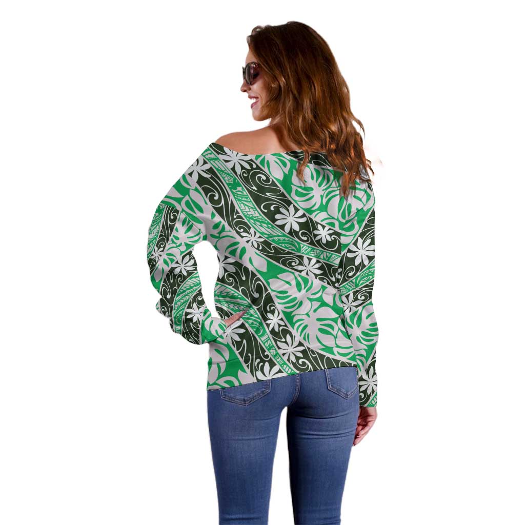 Matie Tahiti Tiare Monstera Off Shoulder Sweater Polynesian Pattern Curve Style LT01 - Polynesian Pride