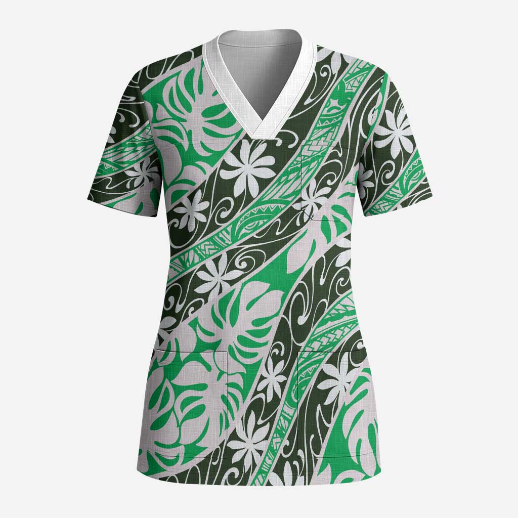 Matie Tahiti Tiare Monstera Scrub Top Polynesian Pattern Curve Style LT01 Adult Green - Polynesian Pride