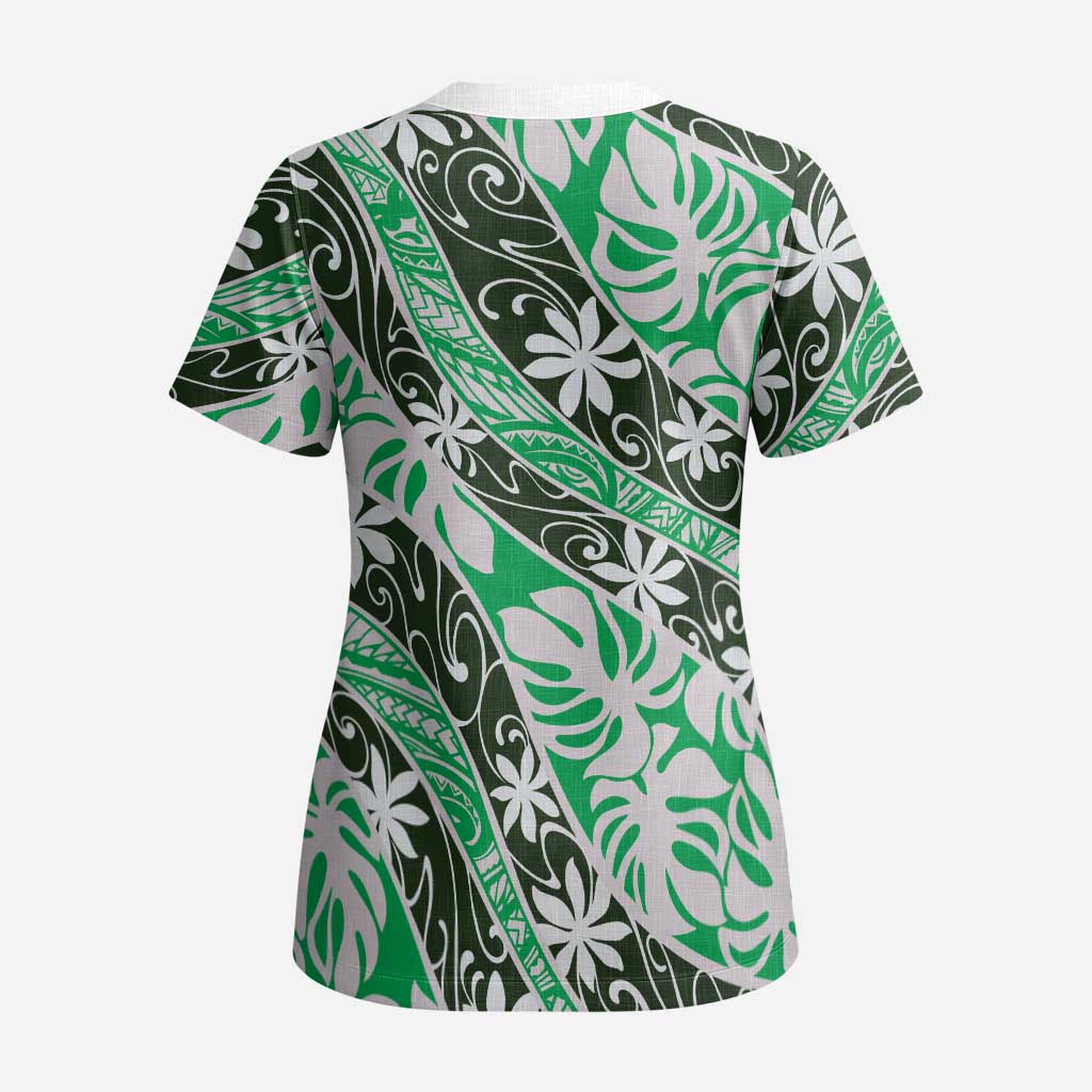 Matie Tahiti Tiare Monstera Scrub Top Polynesian Pattern Curve Style LT01 - Polynesian Pride