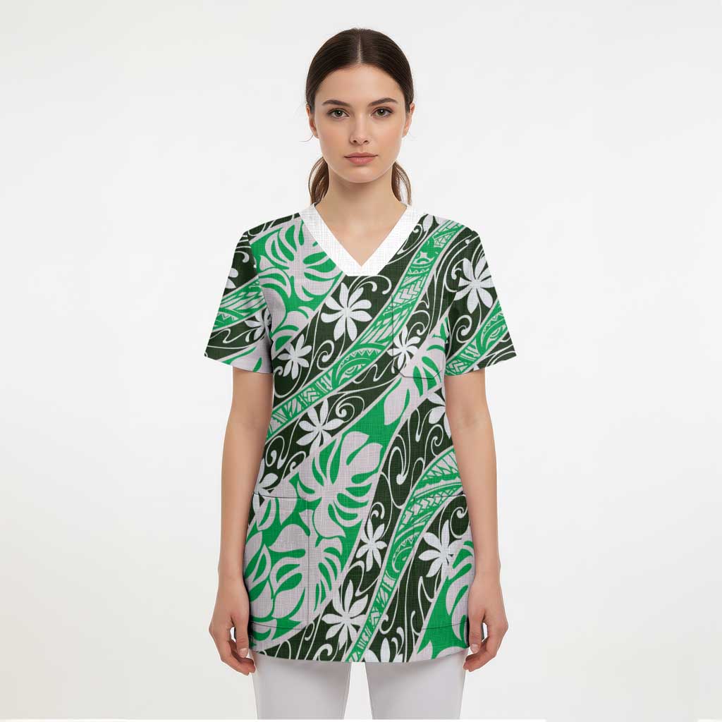 Matie Tahiti Tiare Monstera Scrub Top Polynesian Pattern Curve Style LT01 - Polynesian Pride