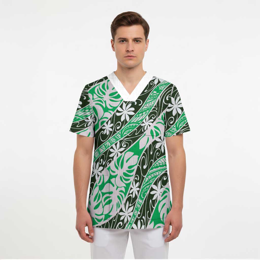 Matie Tahiti Tiare Monstera Scrub Top Polynesian Pattern Curve Style LT01 - Polynesian Pride
