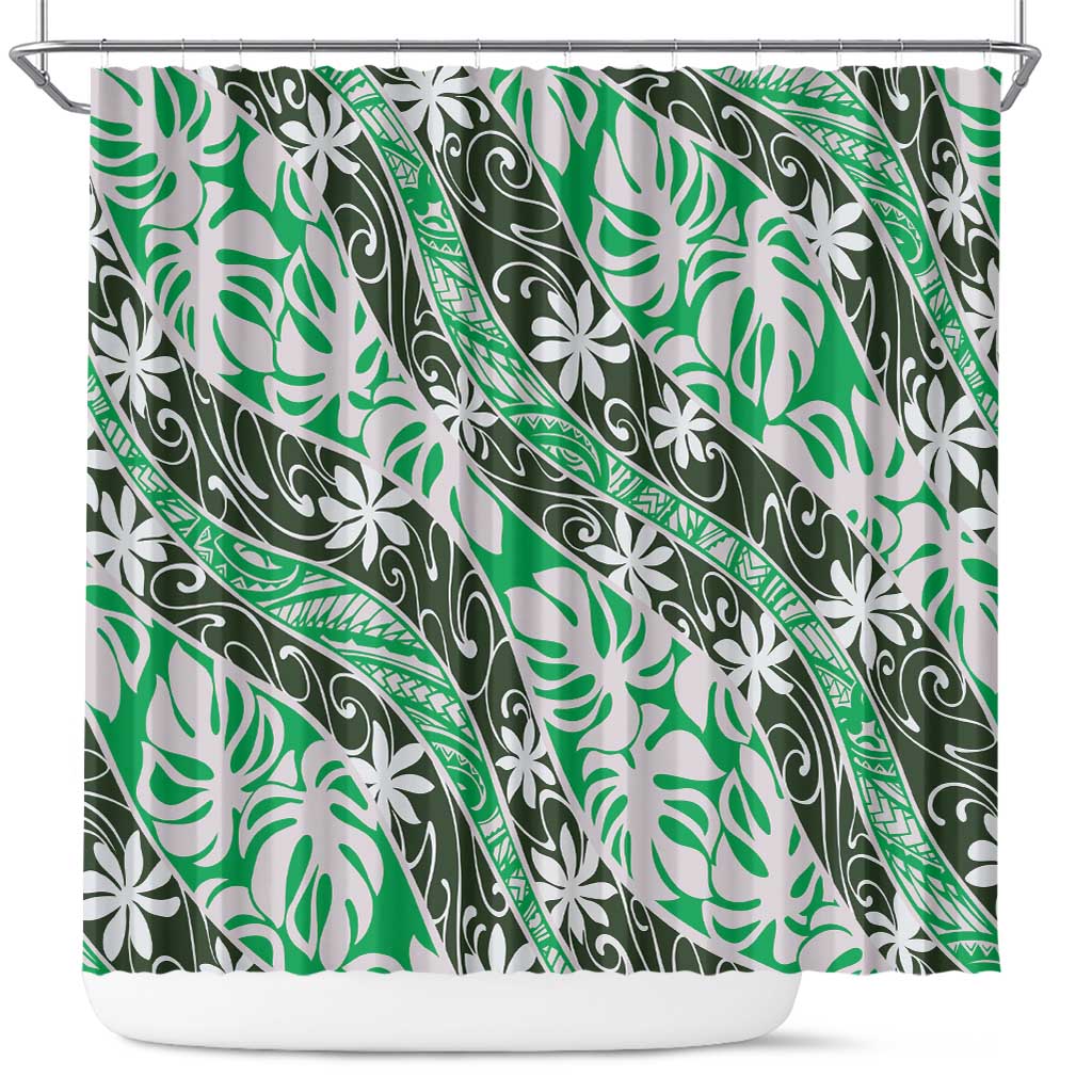Matie Tahiti Tiare Monstera Shower Curtain Polynesian Pattern Curve Style - Polynesian Pride